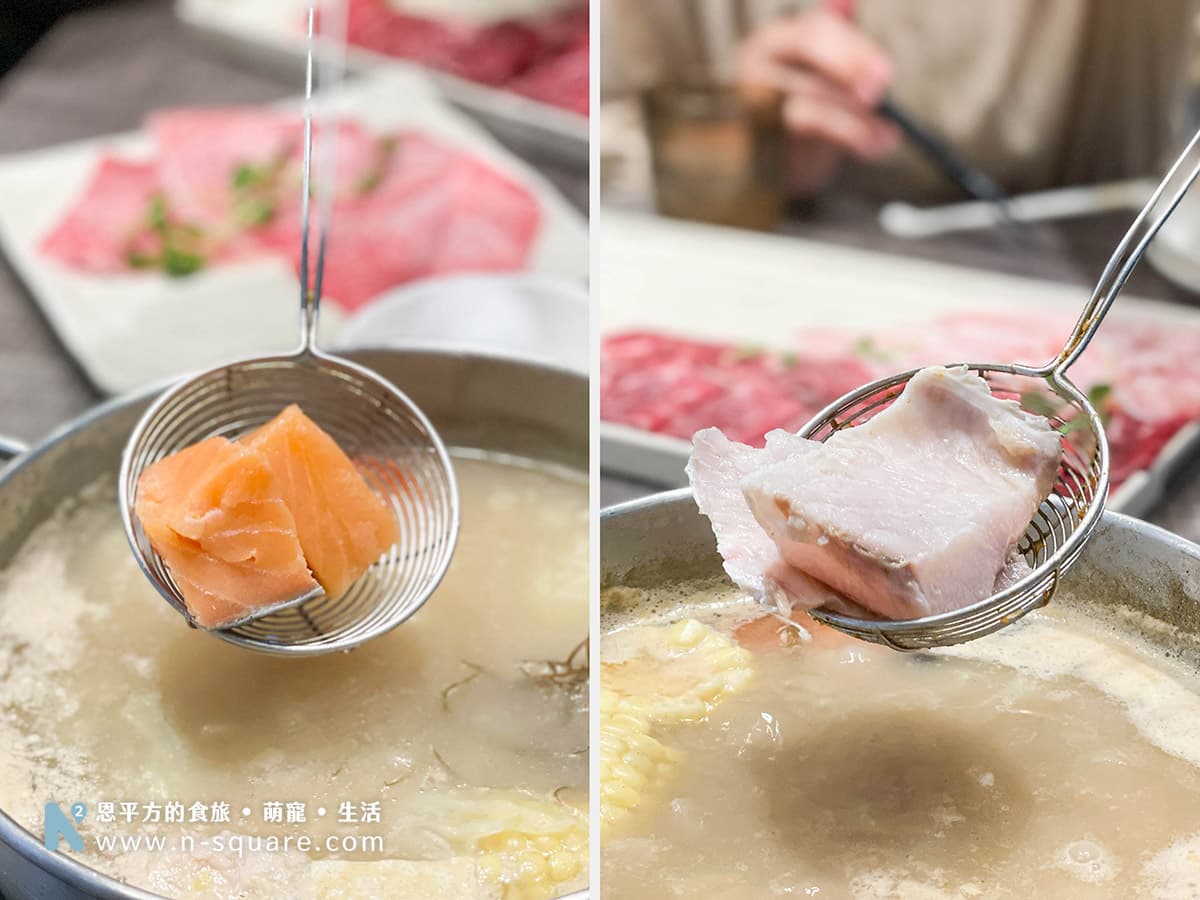 滿築極品鍋物的魚類都是採用後切的方式，因為一般的火鍋店魚片，在火鍋裡煮過容易散掉也失去其魚肉的口感